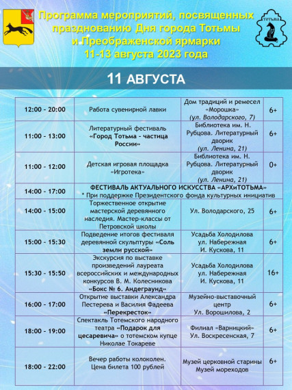 Программа мероприятий Дня города Тотьмы и Преображенской ярмарки 11-13 августа 2023 года.